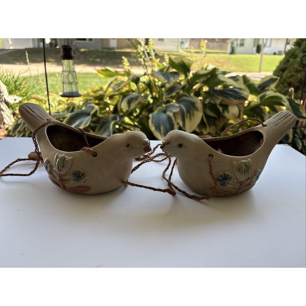 Vintage Ceramic Bird Planters Pair Hand Painted Floral Vase Cottagecore Decor